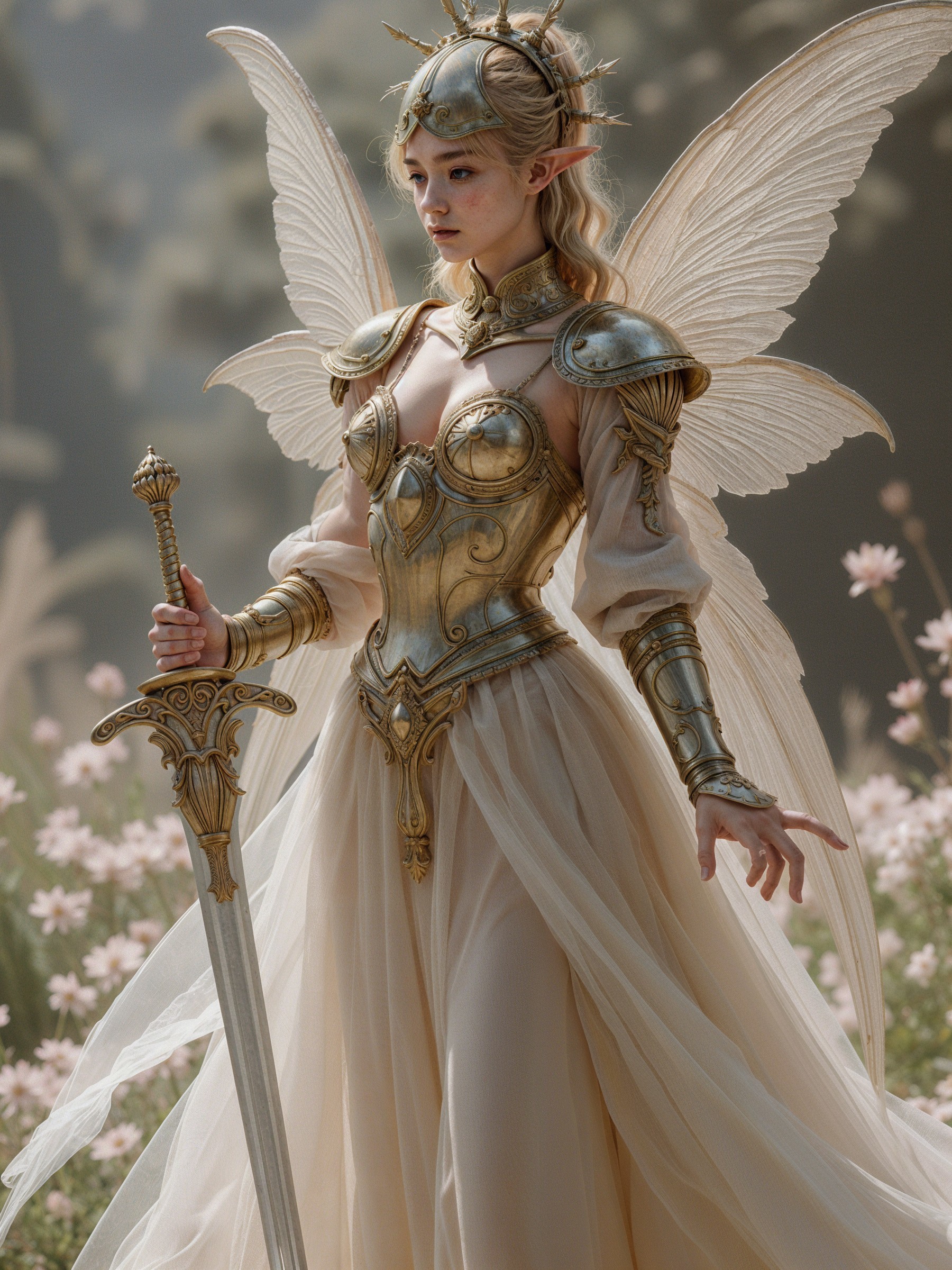 Majestic fairy in golden armor among blooming flowers