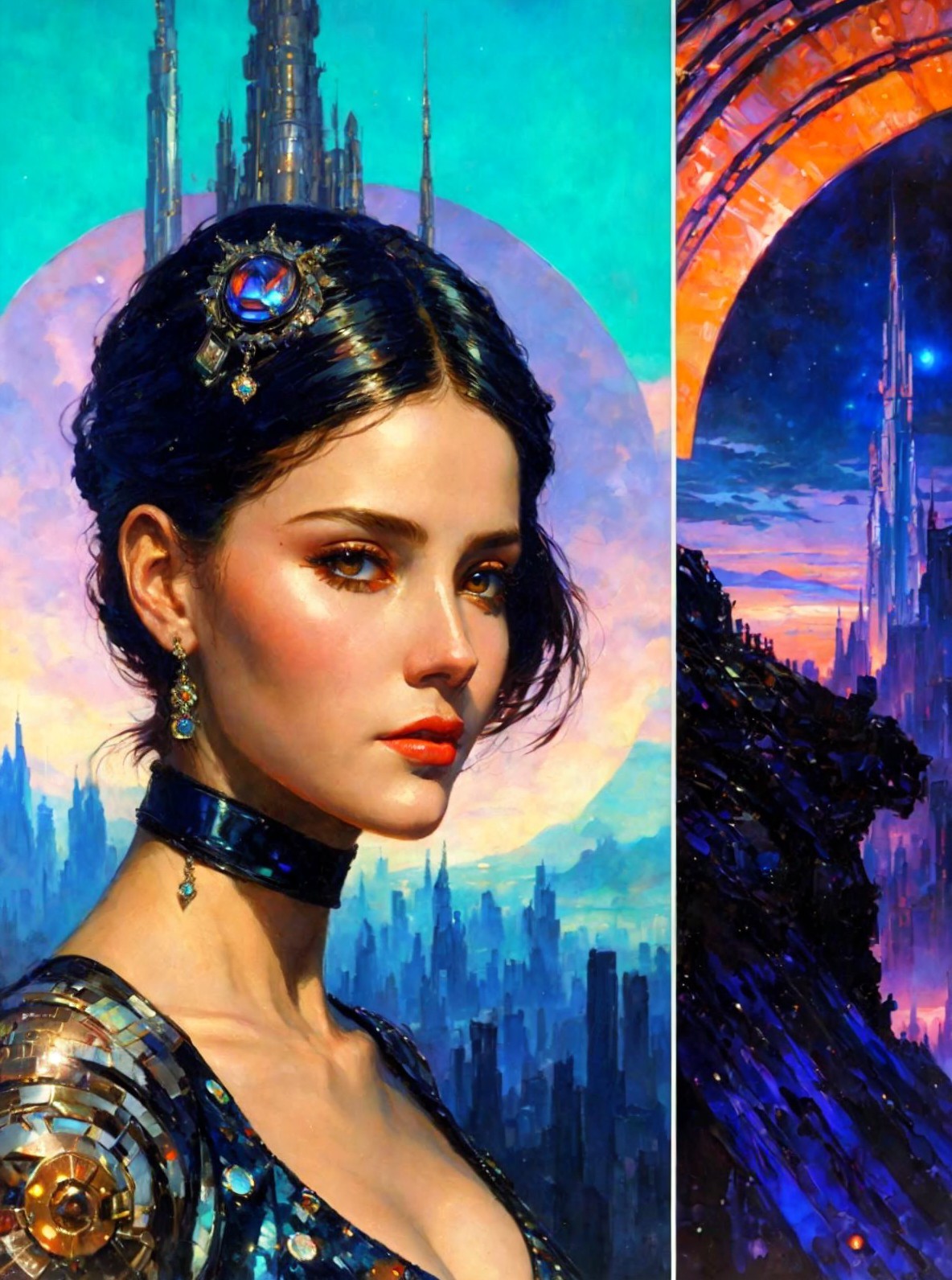 Portrait of a Young Woman in a Fantastical Cityscape
