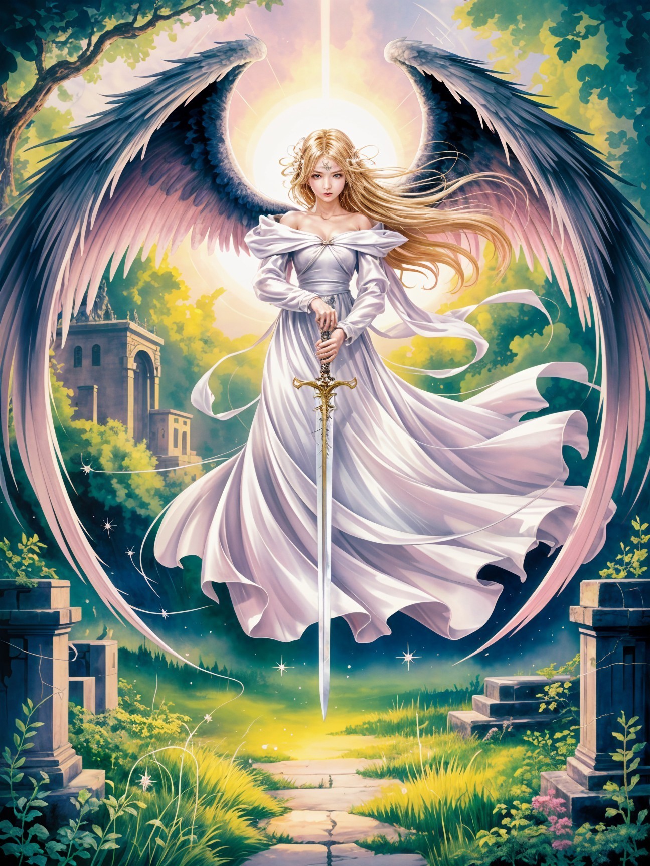 Angel with Black Wings in Sunlit Landscape