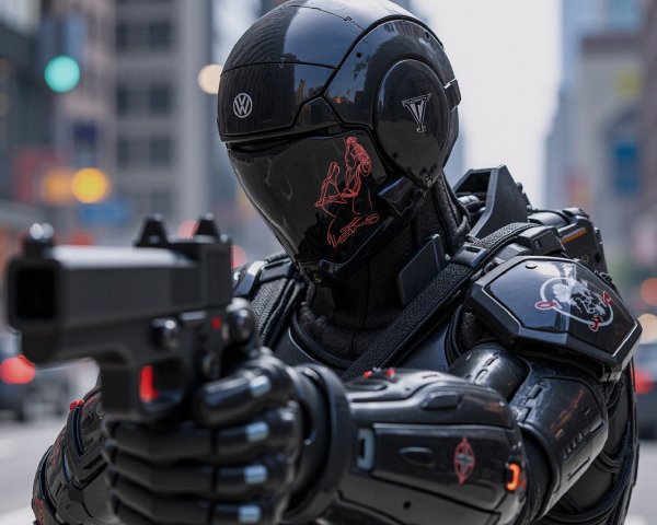 Futuristic Armored Robot in Neon Urban Landscape