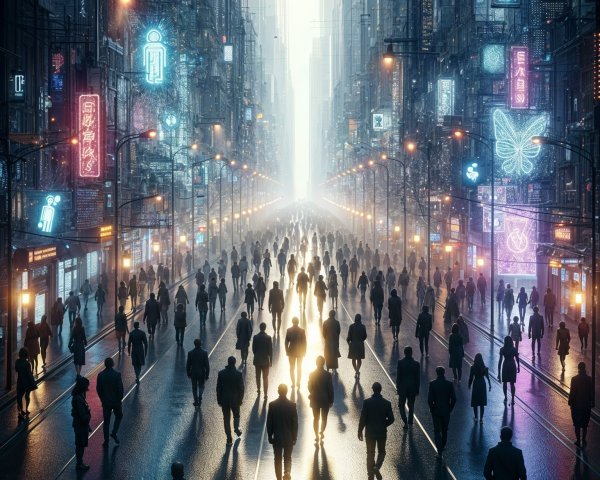 Futuristic Urban Landscape with Neon Lights and Skyscrapers