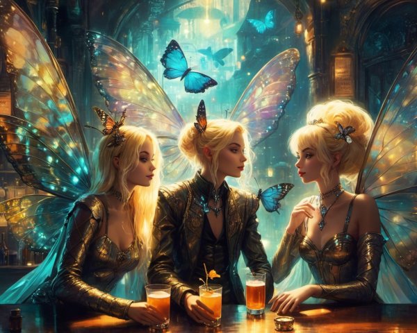 Fairies in a Magical Tavern with Colorful Cocktails