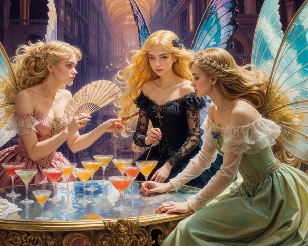 Elegant Fairies Mixing Cocktails in Baroque Setting