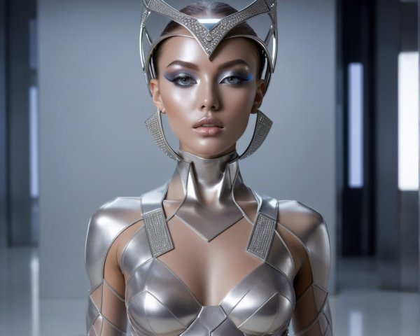 Futuristic figure in metallic bodysuit with crown headpiece