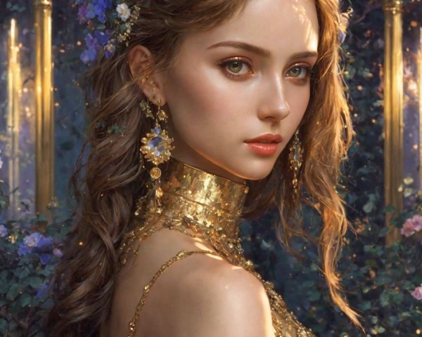 Elegant portrait of a woman in a gold gown with flowers