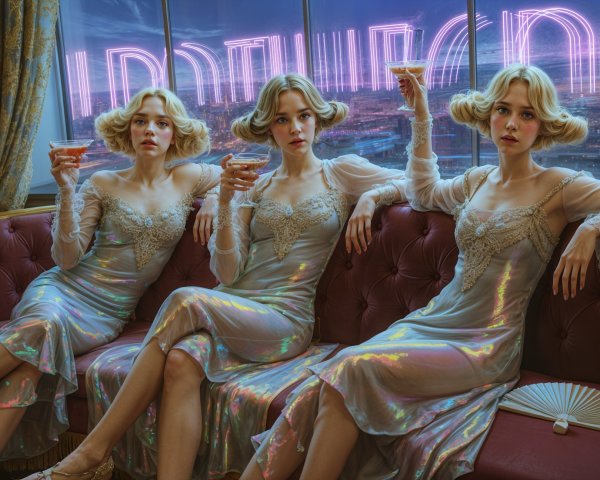 Elegant Women in Vintage Gowns at Stylish Lounge