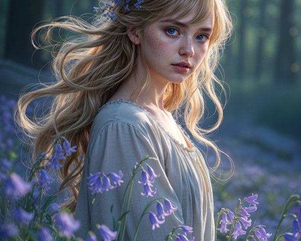 Young Woman in Bluebell Field with Sunlit Background