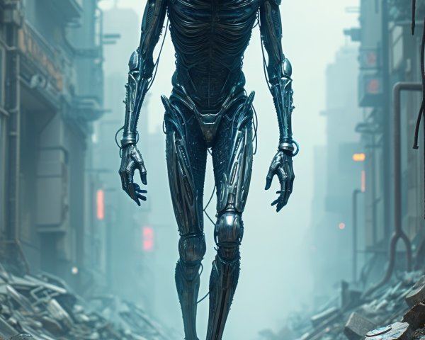 Humanoid Robot in Post-Apocalyptic Cityscape