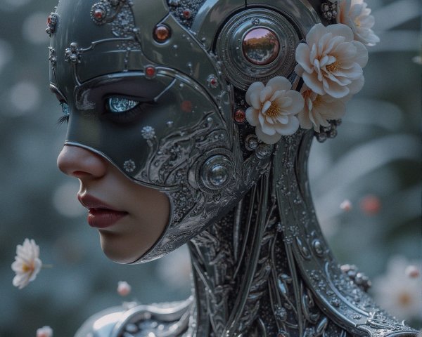 Futuristic Humanoid Robot Surrounded by Flowers