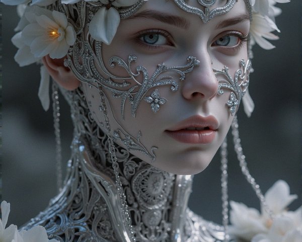 Ethereal Figure in Intricate Silver Armor and Mask