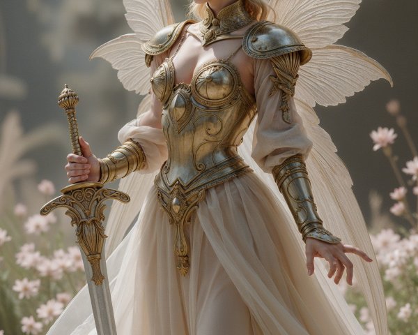 Majestic fairy in golden armor among blooming flowers
