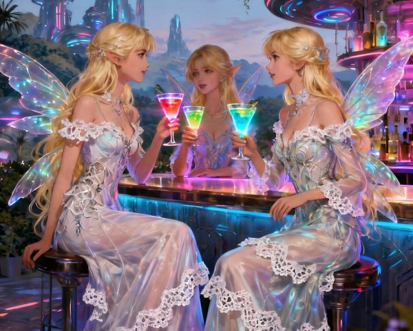 Three Blonde Fairies at a Futuristic Bar Setting