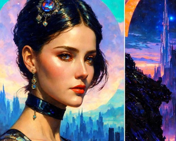 Portrait of a Young Woman in a Fantastical Cityscape
