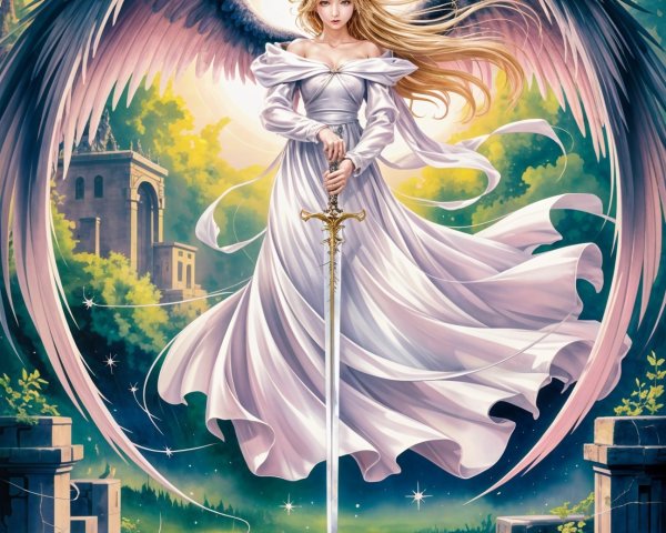 Angel with Black Wings in Sunlit Landscape