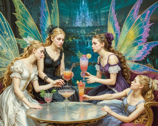 Fairies Mixing Colorful Drinks in Enchanted Setting