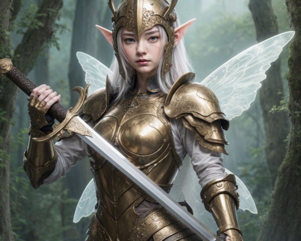 Elven Warrior with Sword and Ethereal Wings in Forest