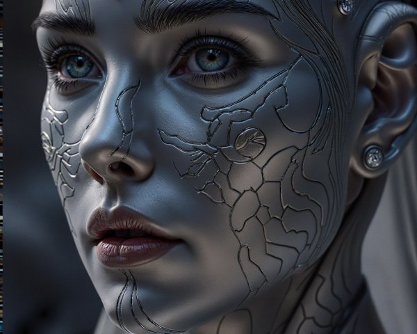 Futuristic Humanoid Figure with Metallic Surface and Gems