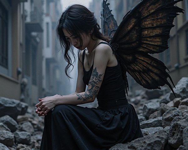 Mystical Figure with Butterfly Wings in Urban Ruins