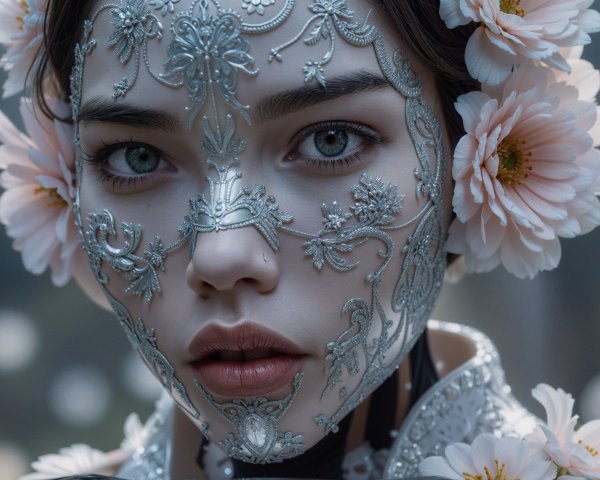 Close-up Portrait of Woman with Silver Facial Art