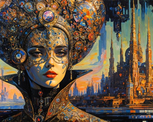 Futuristic Figure with Metallic Designs in Vibrant Cityscape