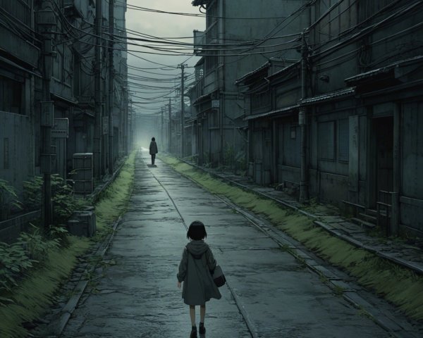 Desolate Urban Alley with a Young Girl and Mystery Figure