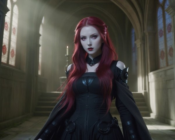 Gothic Figure with Red Hair in Dimly Lit Setting