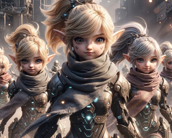 Futuristic Armored Characters in Dystopian Cityscape