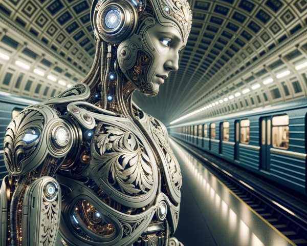 Humanoid Robot in Futuristic Subway Station Setting