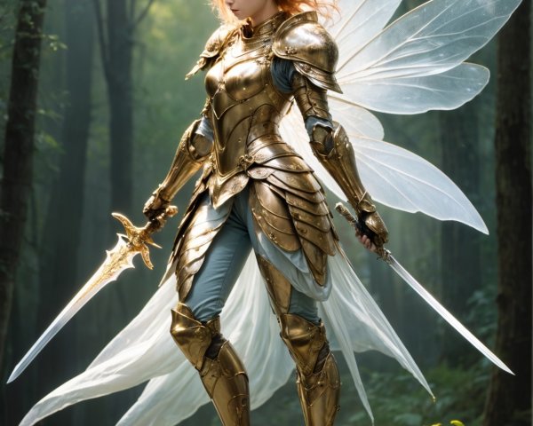 Fierce warrior in golden armor with translucent wings