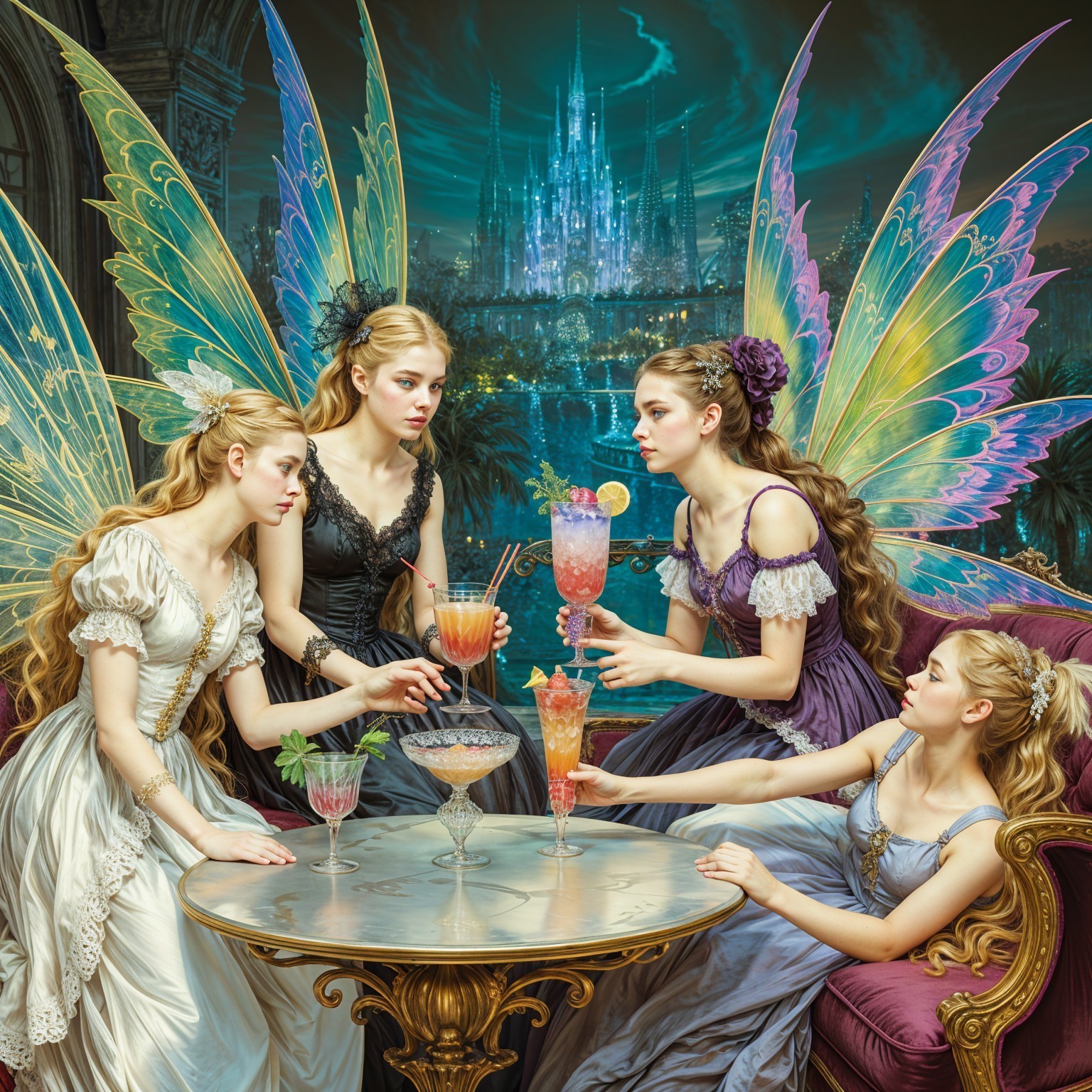Fairies Mixing Colorful Drinks in Enchanted Setting