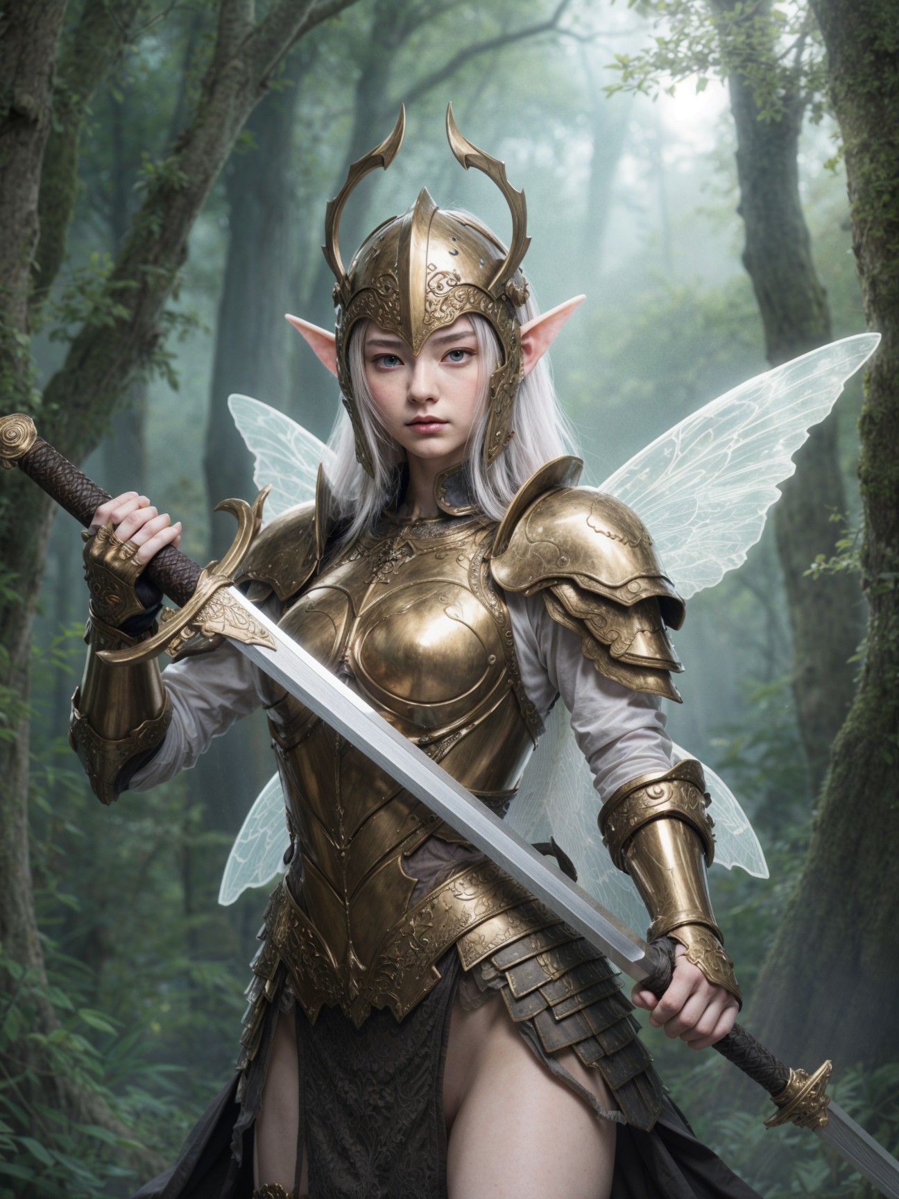 Elven Warrior with Sword and Ethereal Wings in Forest