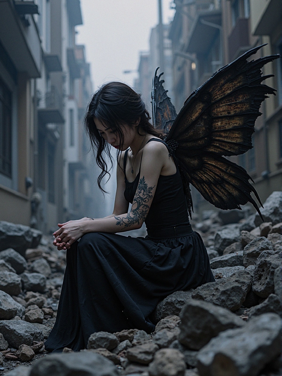 Mystical Figure with Butterfly Wings in Urban Ruins
