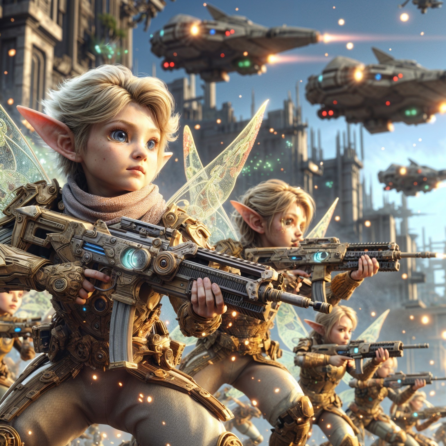 Futuristic warriors with wings in a high-tech city