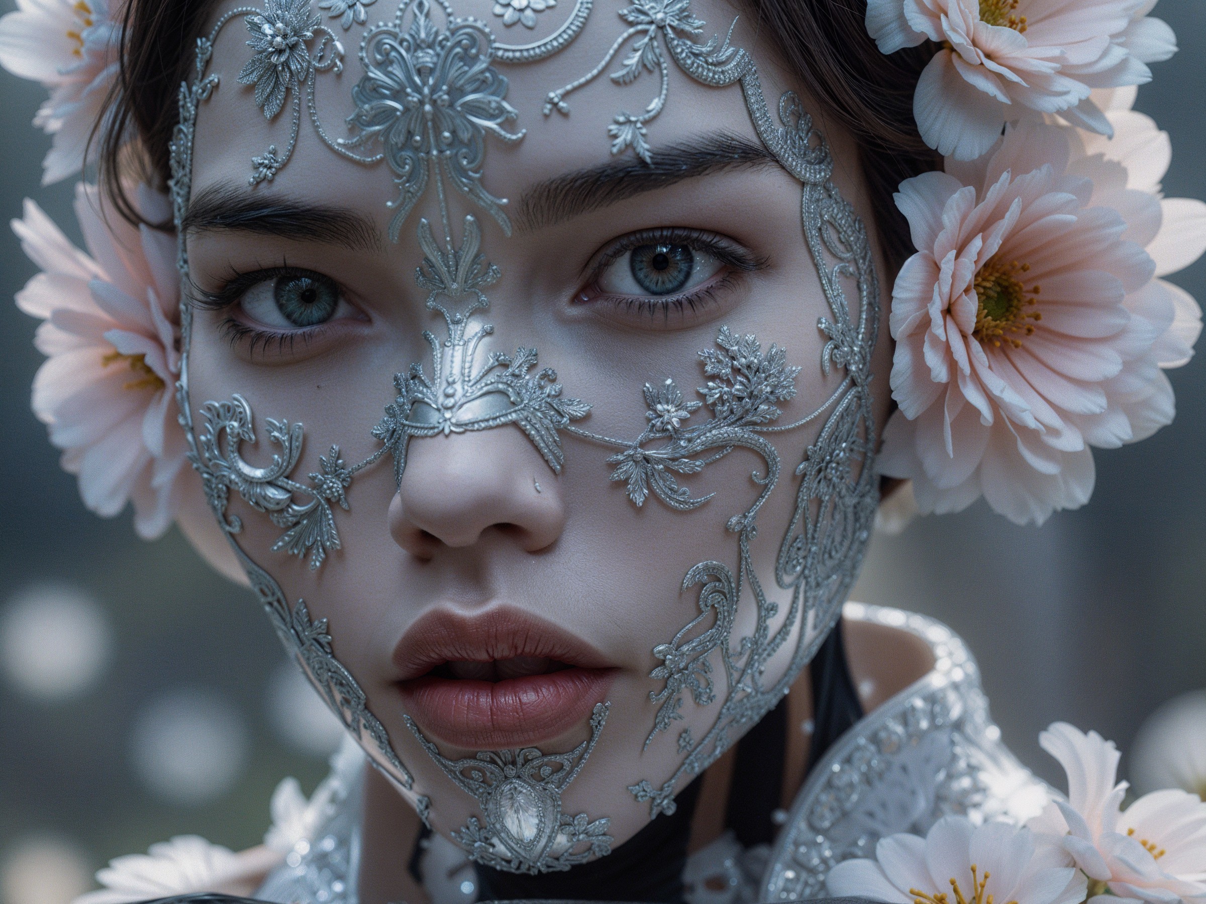 Close-up Portrait of Woman with Silver Facial Art