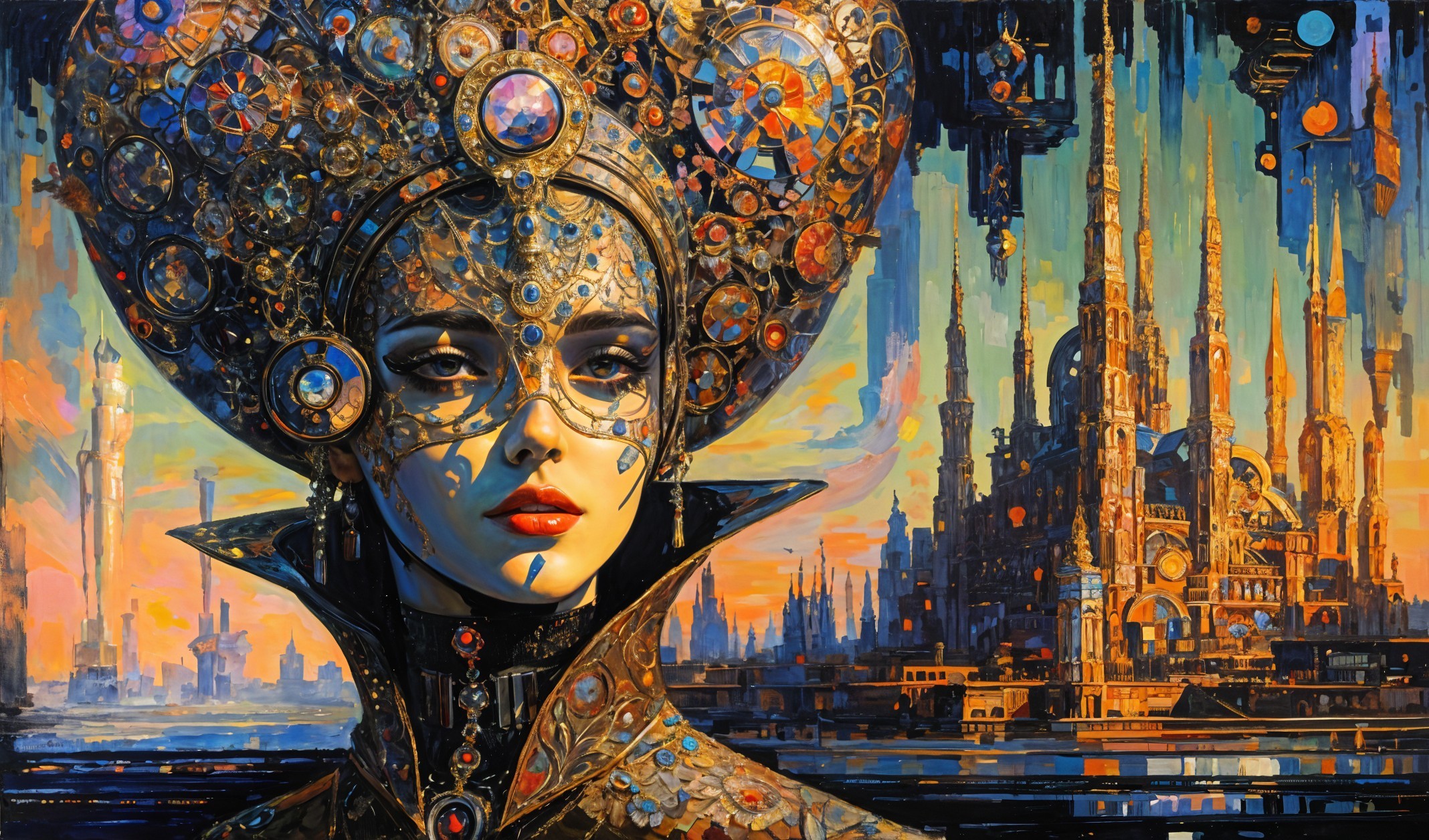 Futuristic Figure with Metallic Designs in Vibrant Cityscape