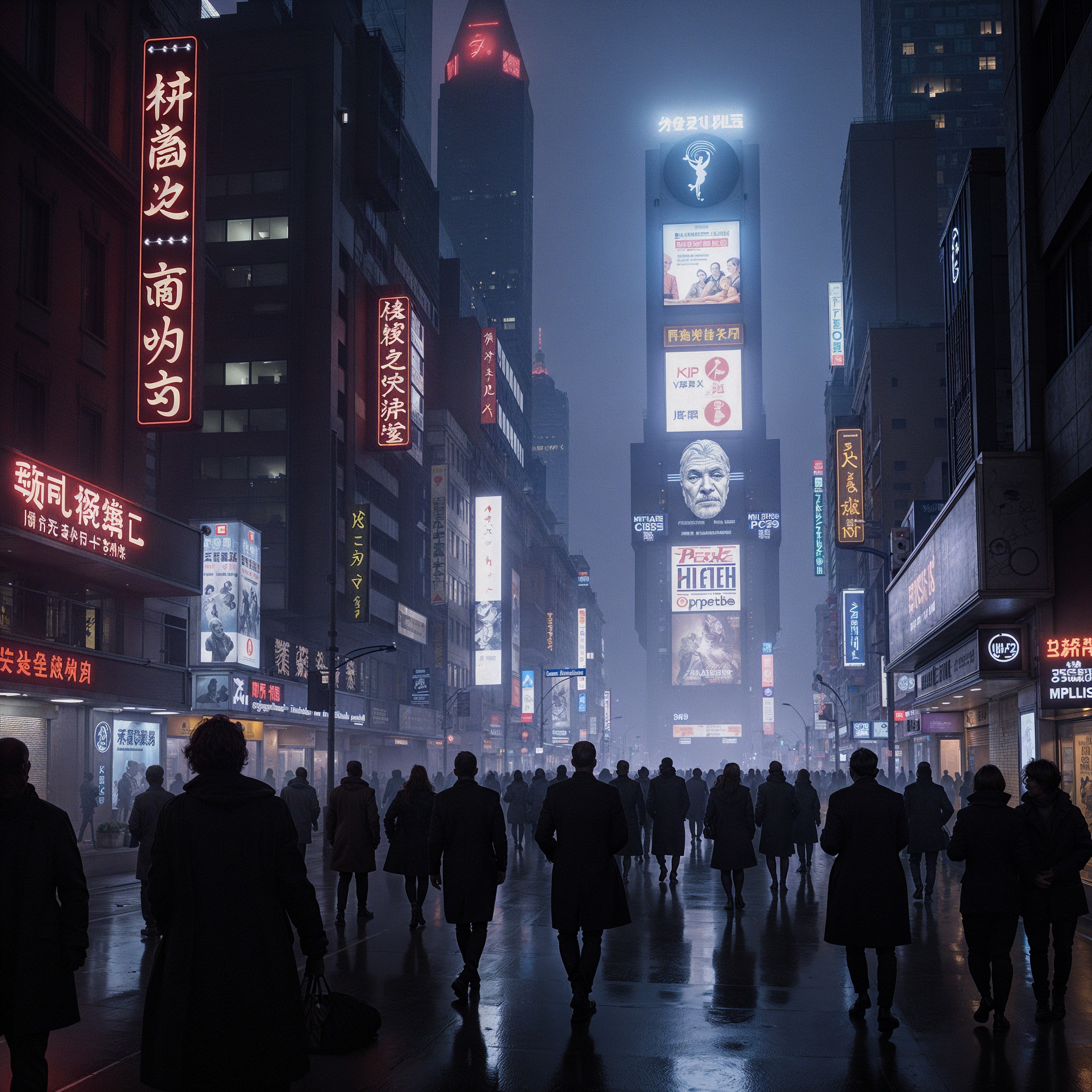 Urban street scene in fog with neon signs and skyscrapers