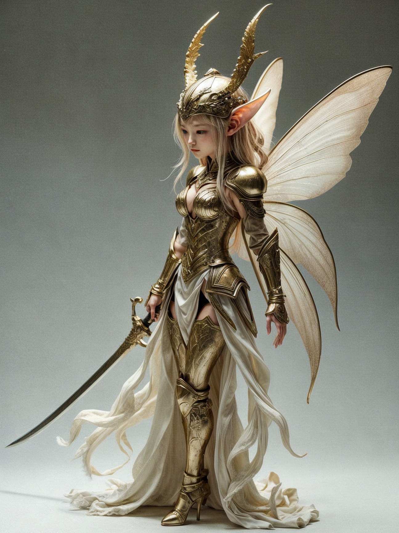 Fairy warrior with wings and golden armor depicted