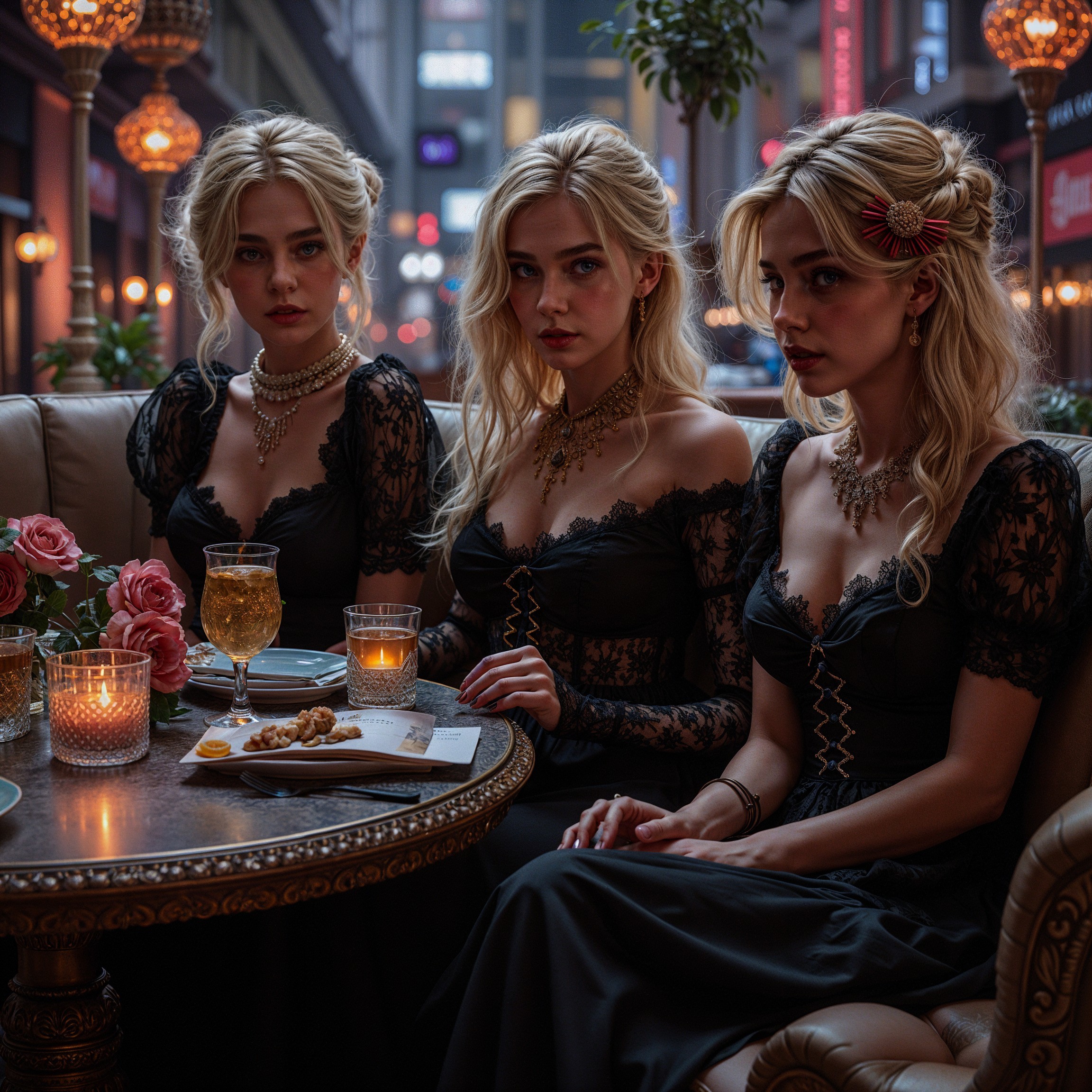 Elegant Women in Black Lace Gowns at Café Table