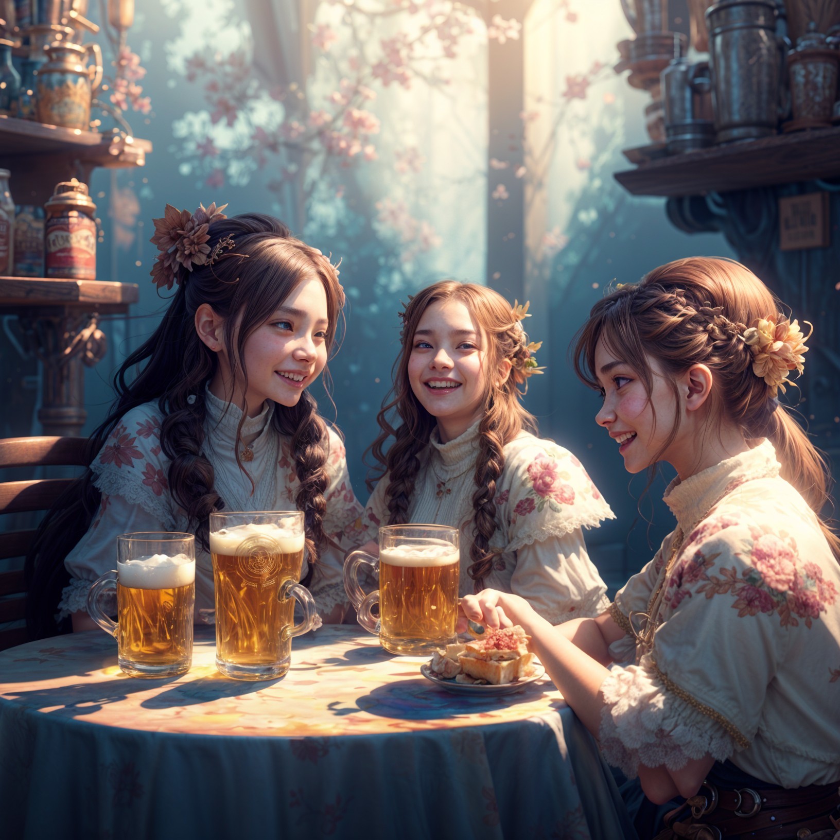 Sunlit Tavern with Floral Decor and Laughter