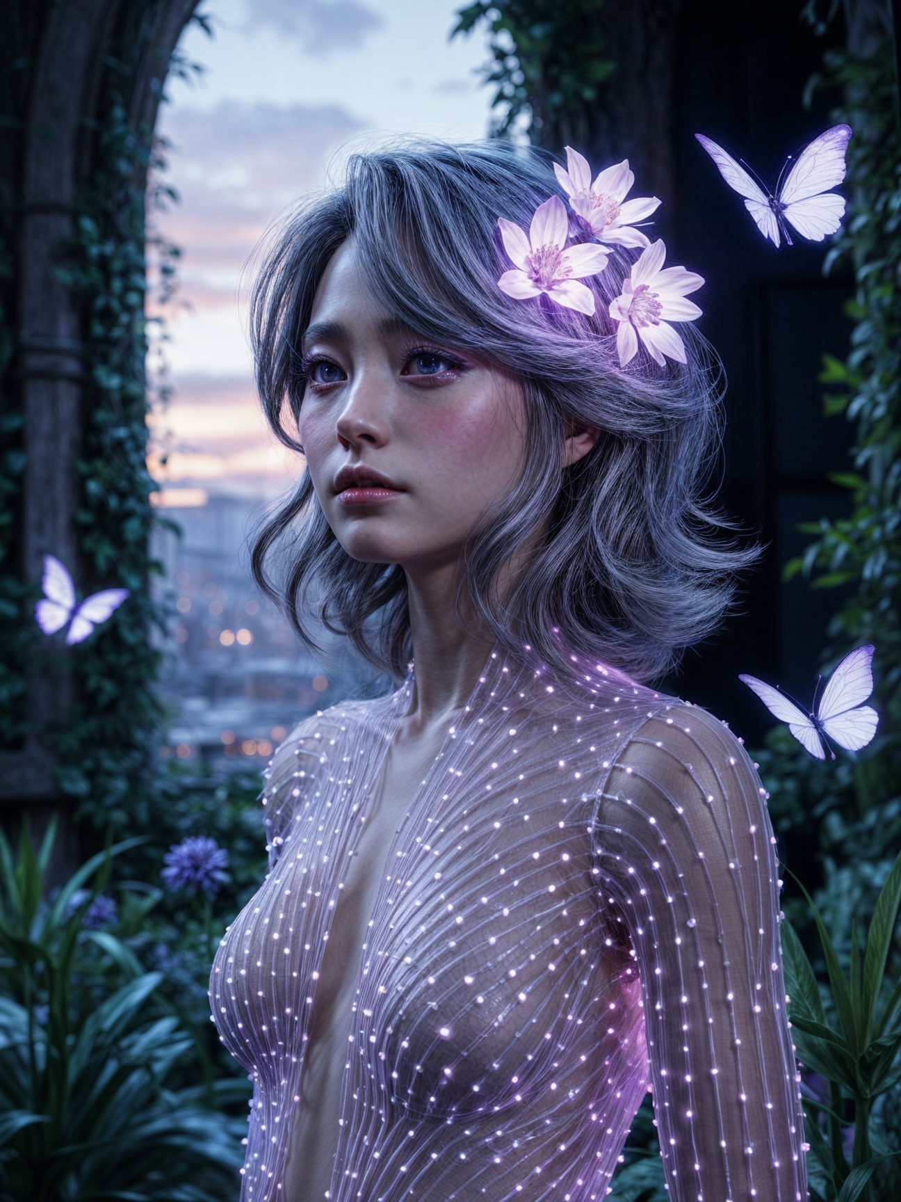 Young woman with silver hair in a twilight setting