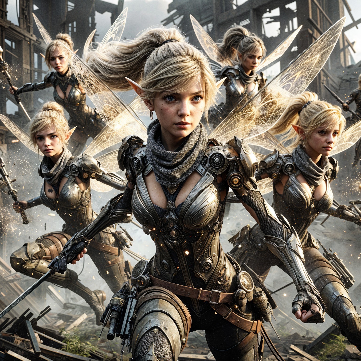 Futuristic Warrior with Wings in Post-Apocalyptic Scene