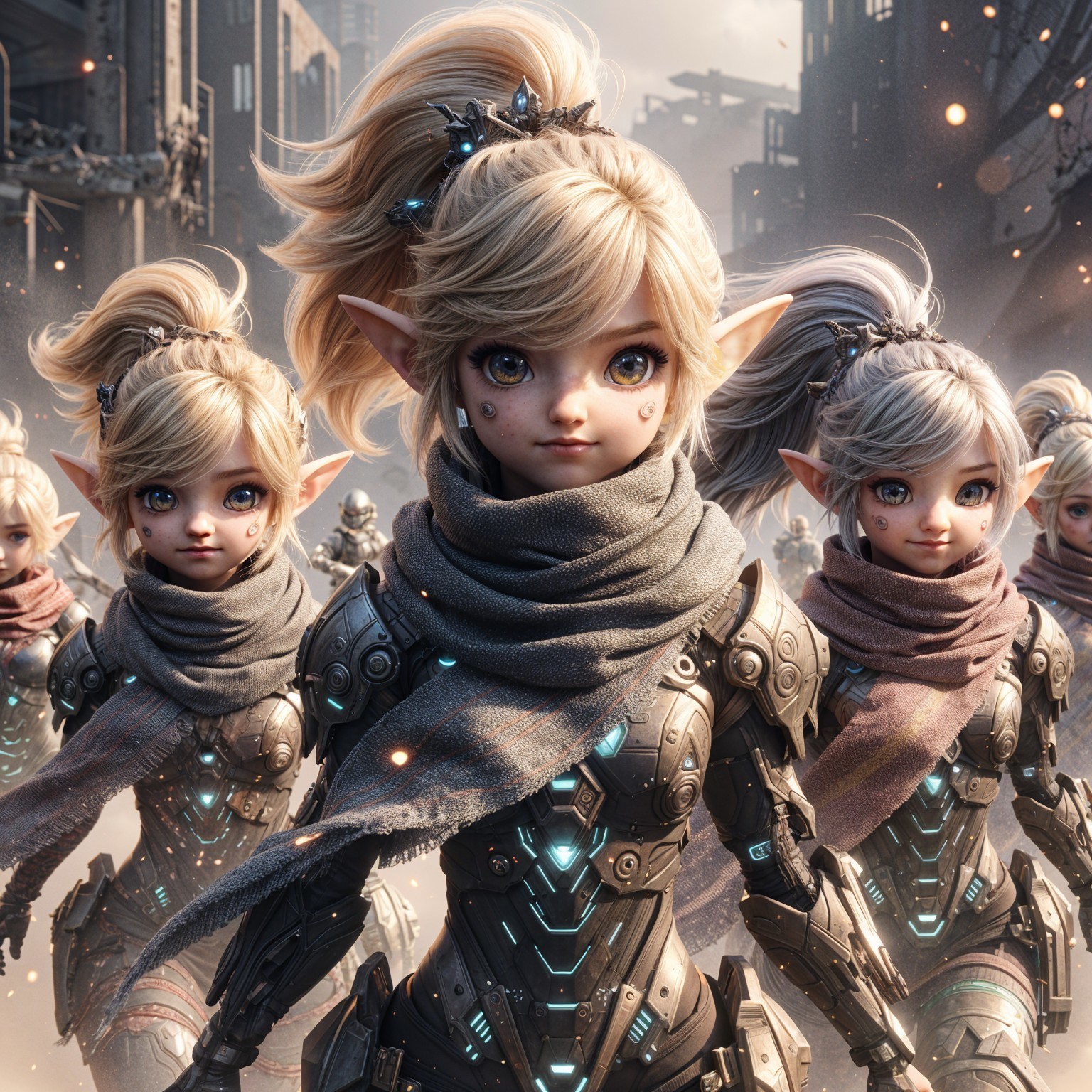 Futuristic Armored Characters in Dystopian Cityscape