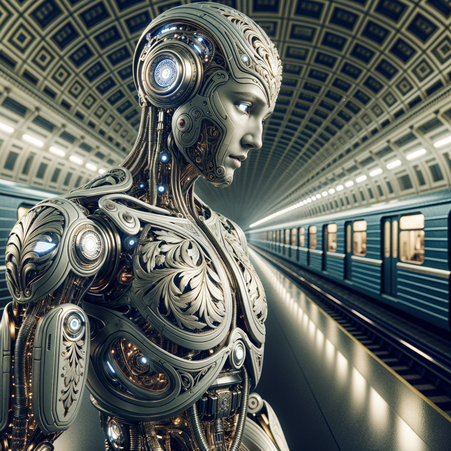 Humanoid Robot in Futuristic Subway Station Setting