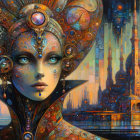 Futuristic Figure with Metallic Designs in Vibrant Cityscape