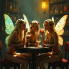 Three Women with Butterfly Wings in Cozy Bar Setting