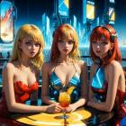 Futuristic women at illuminated bar in vibrant outfits