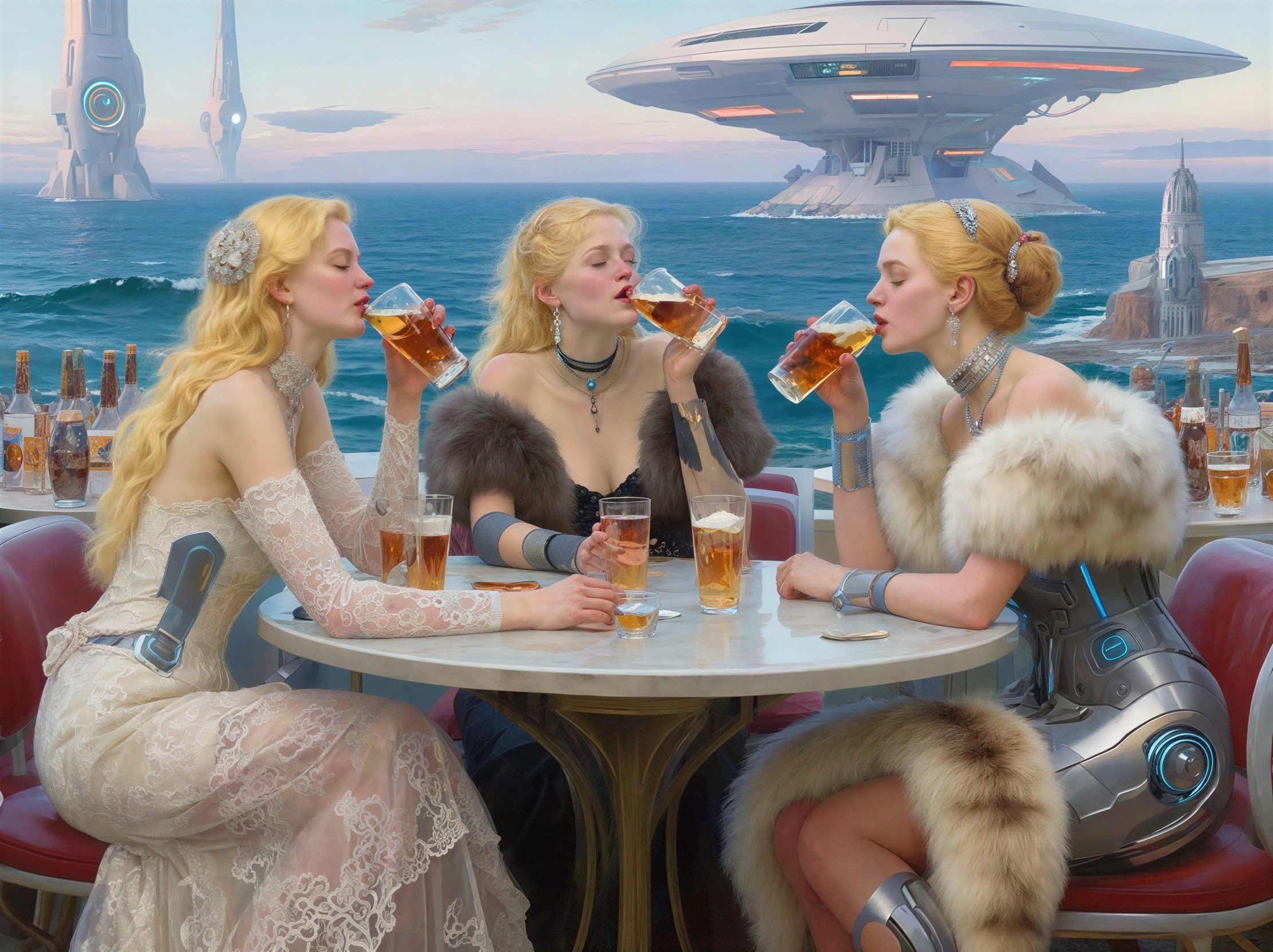 Blonde Women in Futuristic Setting with Beer Glasses