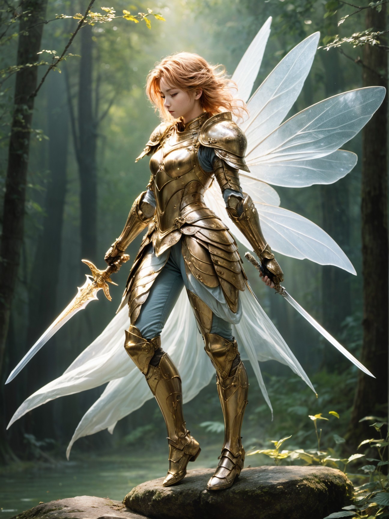Fierce warrior in golden armor with translucent wings