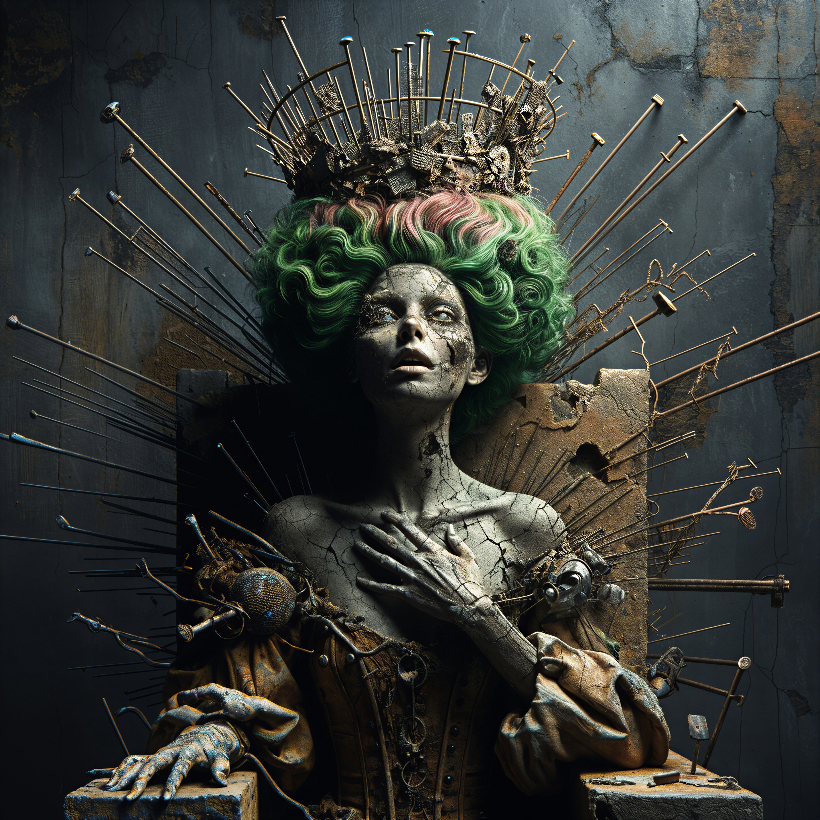 Surreal Figure on Throne with Vintage Dress and Spikes