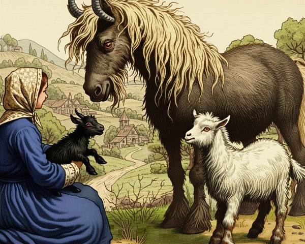 Woman with goats and horse in rural landscape